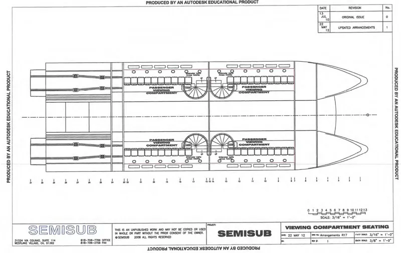 Slide: The Image of Blueprint of a 2010 Custom Semi Sub Power Catamaran, featuring detailed seating layout. - 30