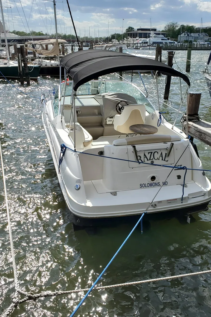 Slide: The Image of 2009 Sea Ray 230 Sundancer boat docked in a marina, featuring a black canopy. - 14