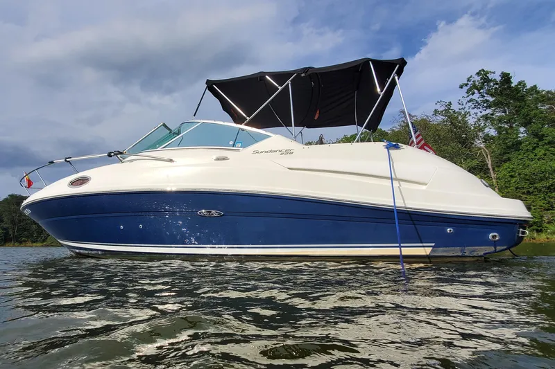 Slide: The Image of 2009 Sea Ray 230 Sundancer boat on water, blue and white hull, canopy open. - 22