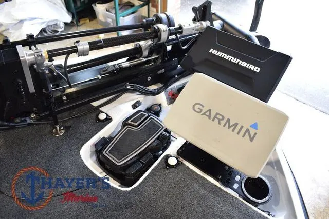 Slide: The Image of 2023 Bass Cat Puma STS boat with Garmin and Humminbird electronics on deck. - 37