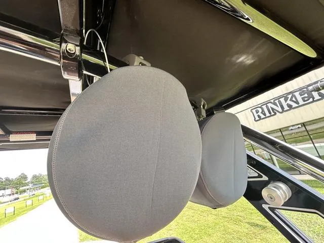 Slide: The Image of 2025 Cobalt R6 Surf boat speakers with gray covers, mounted on a sleek black frame. - 45