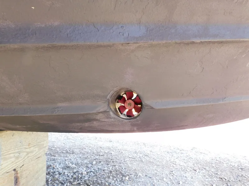 Slide: The Image of Bottom view of 2011 Monterey 260 SCR boat hull with visible propeller. - 7