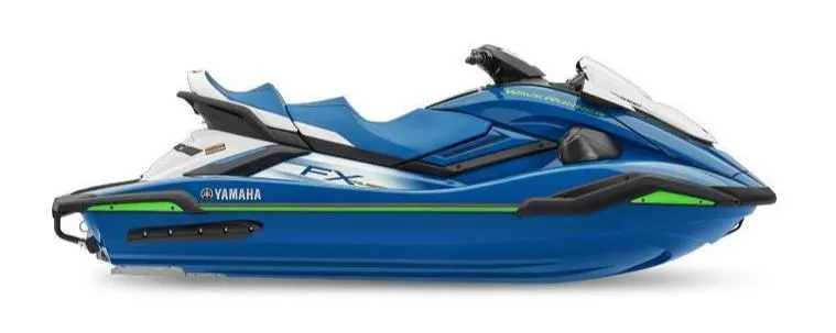 The Image of 2024 Yamaha WaveRunner FX Cruiser SVHO with Audio, blue and green design, side view. - 1