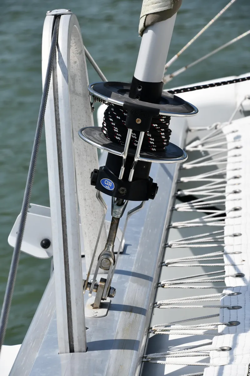 Slide: The Image of Close-up of 2014 Fountaine Pajot Mahe 36 Evolution sailboat rigging and deck details. - 36