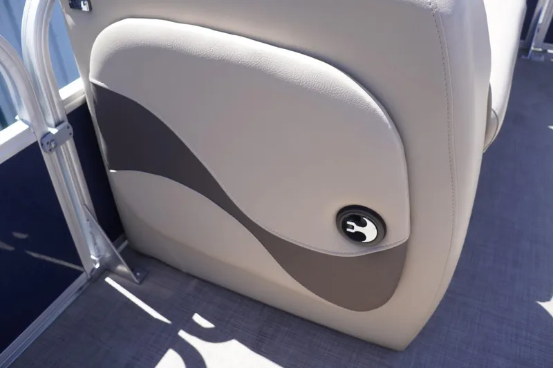 Slide: The Image of 2022 Sun Tracker Party Barge 18 DLX interior detail with beige and brown seat design. - 41