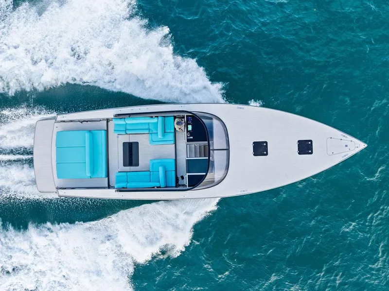 Slide: The Image of VanDutch 55 yacht cruising on blue ocean waters, aerial view, 2015 model. - 18