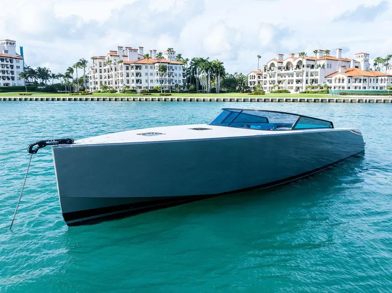 Slide: The Image of Luxurious 2015 VanDutch 55 yacht on turquoise water, with elegant waterfront buildings in the background. - 8