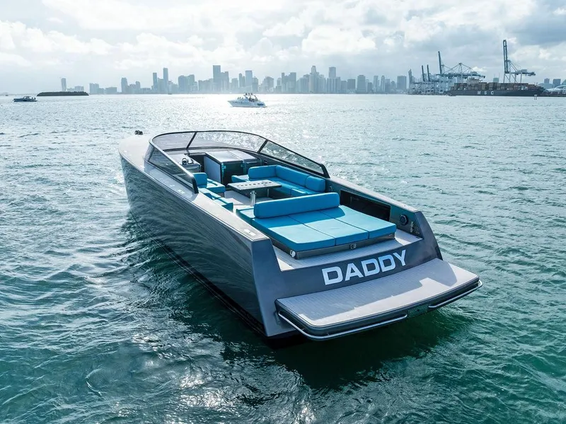 Slide: The Image of VanDutch 55 yacht on water, city skyline in background, 2015 model. - 9
