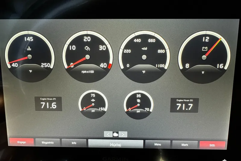Slide: The Image of Dashboard display of a 2019 VanDutch 40, showing various engine gauges and readings. - 19