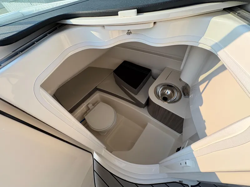 Slide: The Image of 2026 Sea Ray SDX 250 boat interior with compact bathroom and sink. - 5