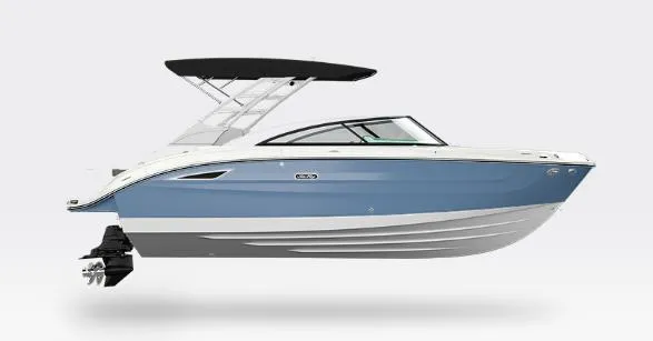 Slide: The Image of 2026 Sea Ray SDX 250 boat, blue and white, side view with black canopy. - 8