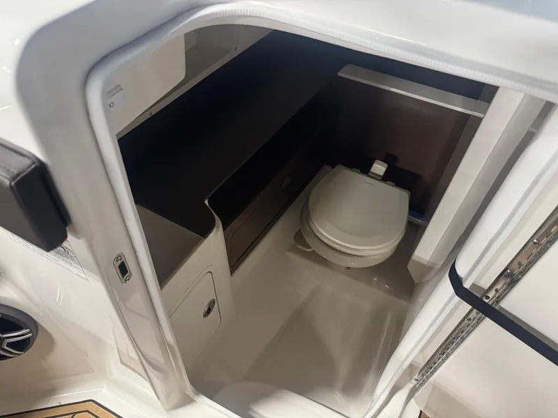 Slide: The Image of 2026 Sea Ray SDX 290 boat interior with compact bathroom and toilet. - 15