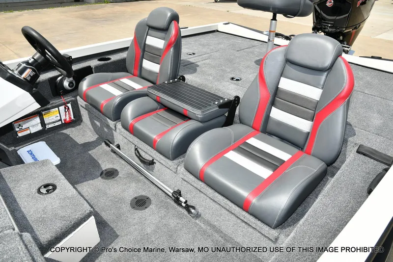 Slide: The Image of 2025 Ranger RT198P Cup Equipped boat interior with stylish gray and red seating. - 13