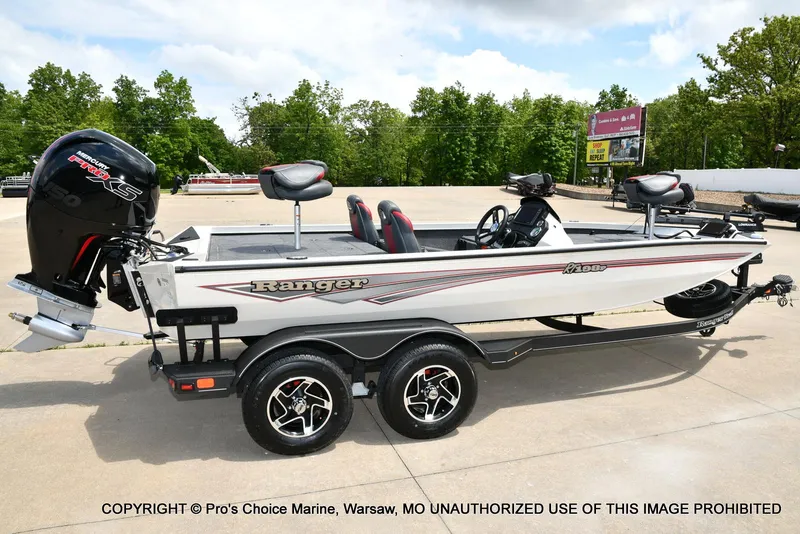 Slide: The Image of 2025 Ranger RT198P Cup Equipped boat on trailer, featuring sleek design and powerful engine. - 16