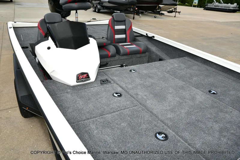 Slide: The Image of 2025 Ranger RT198P Cup Equipped boat interior with gray carpet and dual seats. - 28
