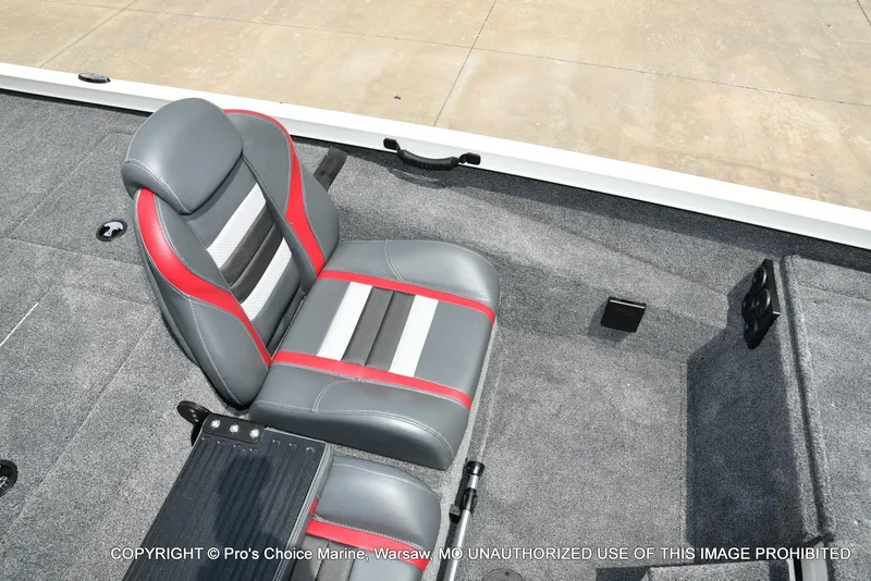 Slide: The Image of 2025 Ranger RT198P Cup Equipped boat interior with gray and red seating. - 39