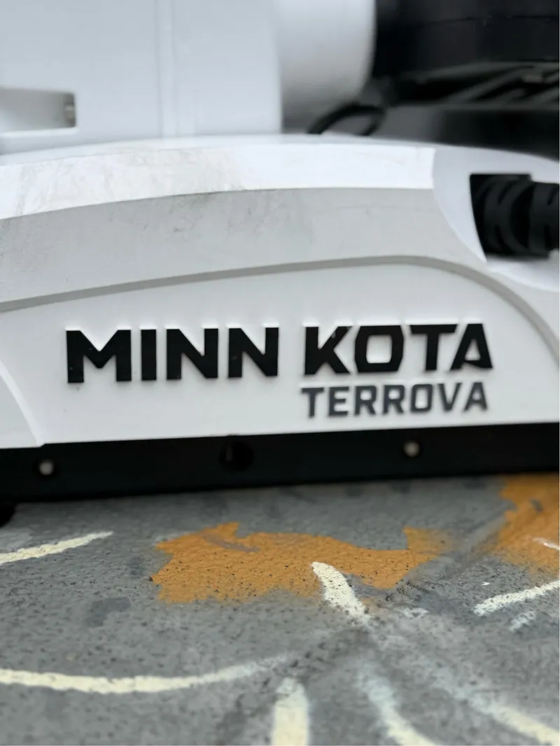 Slide: The Image of Close-up of Minn Kota Terrova motor on 2022 War Eagle 961 Blackhawk boat. - 6