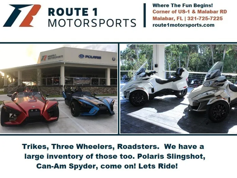 Slide: The Image of Route 1 Motorsports showcasing trikes and three-wheelers, including Polaris Slingshot and Can-Am Spyder. - 5