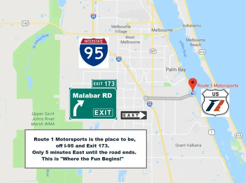 Slide: The Image of Map showing directions to Route 1 Motorsports from I-95 Exit 173, near Palm Bay, Florida. - 7