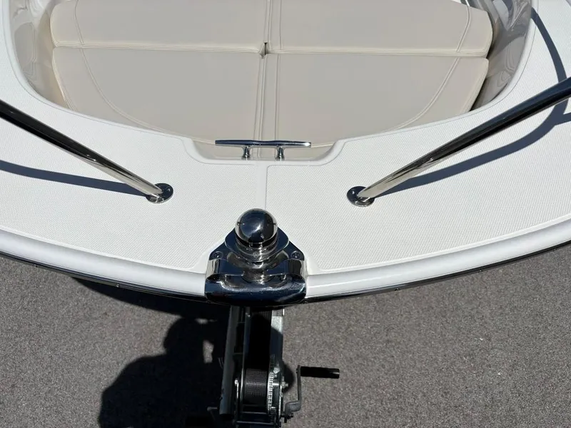 Slide: The Image of 2021 Boston Whaler 170 Montauk boat bow with stainless steel fittings and cushioned seating. - 8