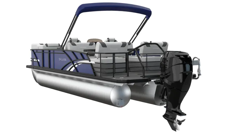 Slide: The Image of 2026 Sylvan L3 RLZ pontoon boat with sleek design and powerful outboard motor. - 2