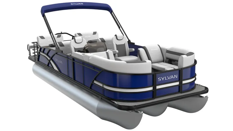 Slide: The Image of 2026 Sylvan L3 RLZ pontoon boat with blue and white seating, sleek design. - 3