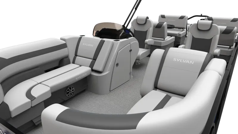 Slide: The Image of 2026 Sylvan L3 RLZ pontoon boat interior with luxurious seating and modern design. - 9