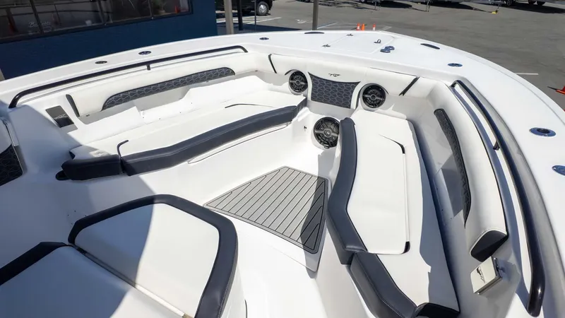 Slide: The Image of 2025 Tidewater 272cc boat interior with sleek seating and modern design. - 19