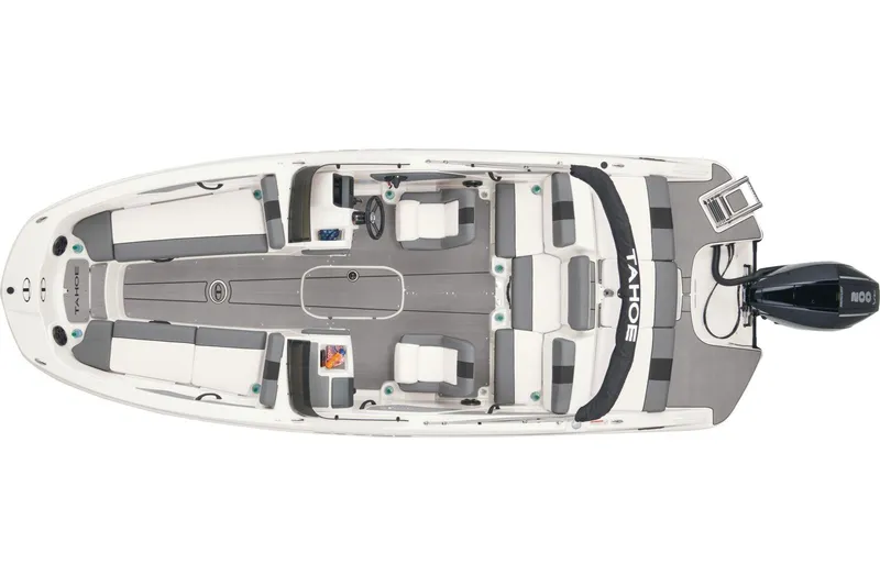 Slide: The Image of 2025 Tahoe T21 boat, top view, showcasing spacious seating and modern design. - 8