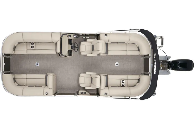 Slide: The Image of 2025 Sun Tracker Party Barge 22 DLX pontoon boat on trailer, parked on road. - 7