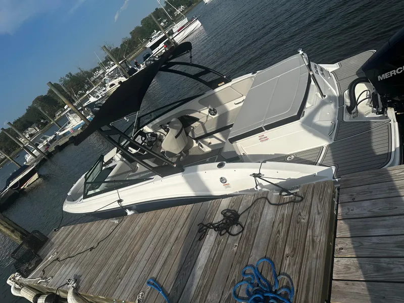 The Image of 2024 Sea Ray 230SPX boat docked at marina, featuring sleek design and spacious seating. - 1