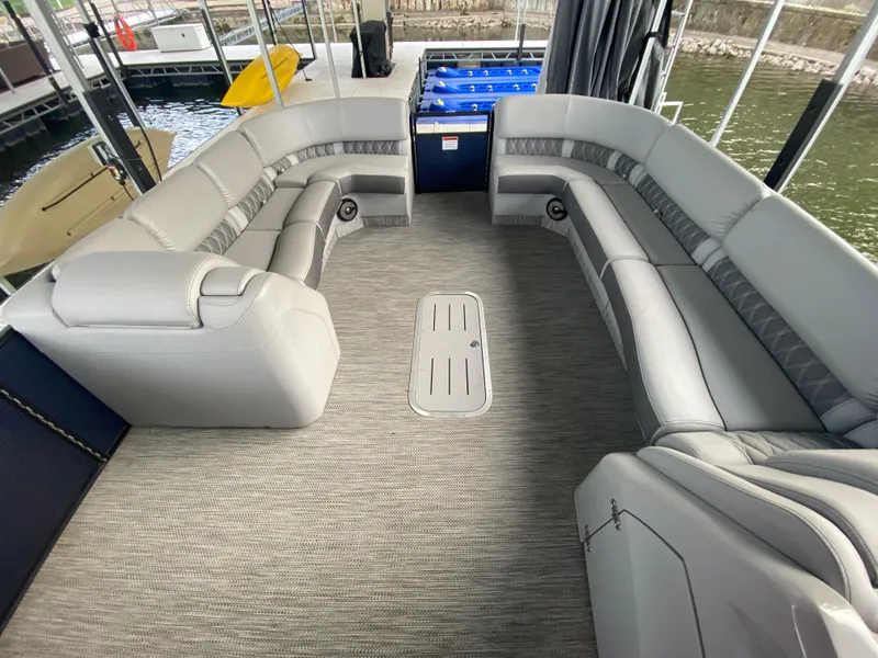 Slide: The Image of 2020 Bennington 30 QSBAX2 pontoon boat interior with spacious seating and modern design. - 46