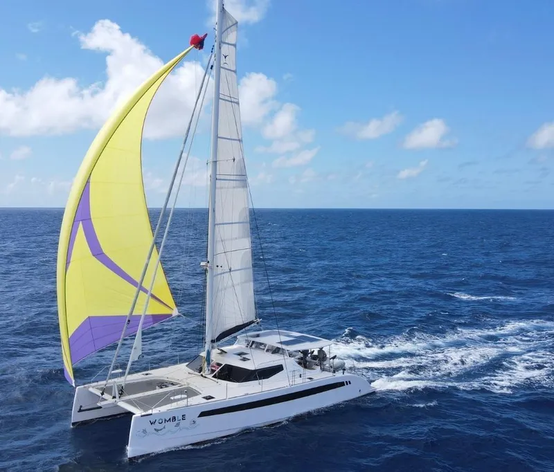Slide: The Image of Sailing Seawind 1600 Passagemaker 2025 catamaran with colorful spinnaker on open ocean. - 11