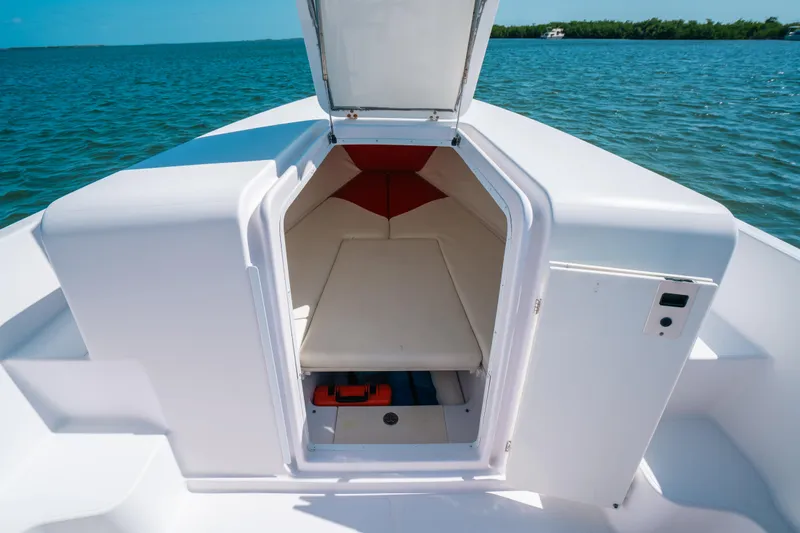 Slide: The Image of 2007 Donzi 38 ZF Cuddy cabin interior with open hatch, on calm blue water. - 20