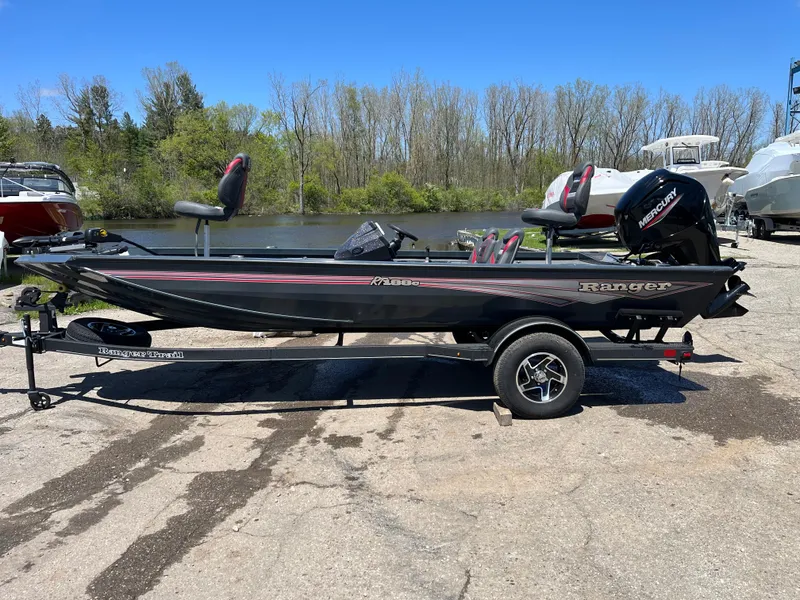 Slide: The Image of 2024 Ranger RT188C fishing boat on trailer, parked near a lake with trees in the background. - 1