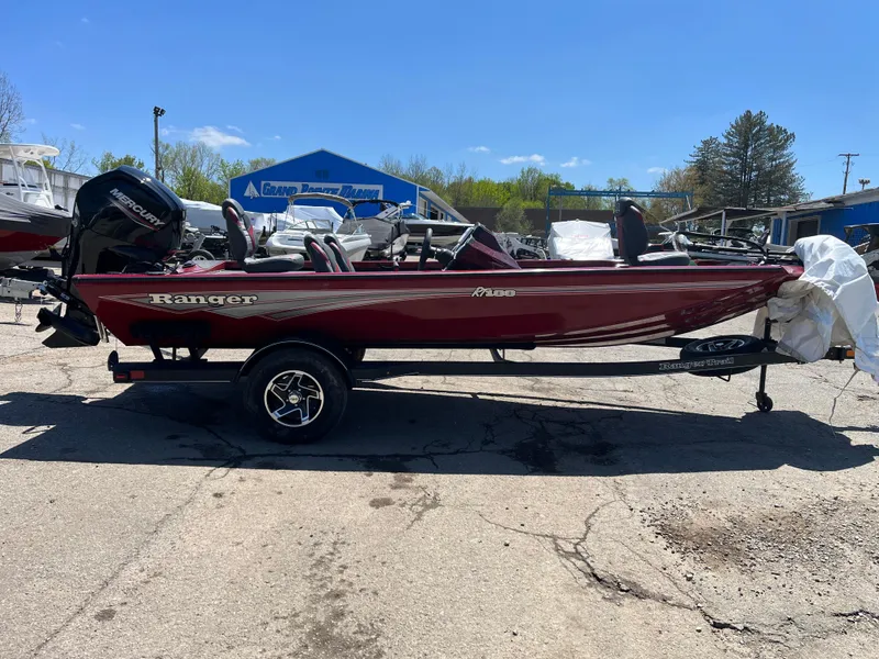 Slide: The Image of 2024 Ranger RT188 boat in red, parked outdoors on a trailer. - 1