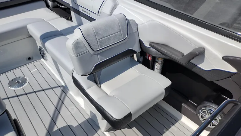 Slide: The Image of 2026 Formula 270 Bowrider boat with sleek white seating and integrated cup holders. - 20