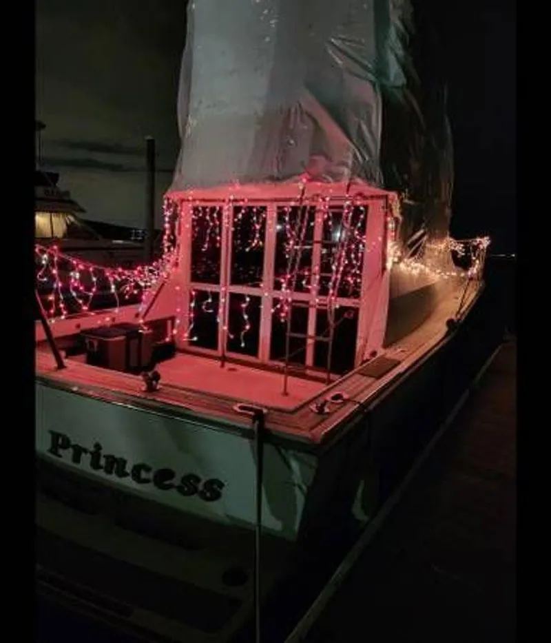 Slide: The Image of 1979 Viking Yacht decorated with festive lights at night, named "Princess." - 16