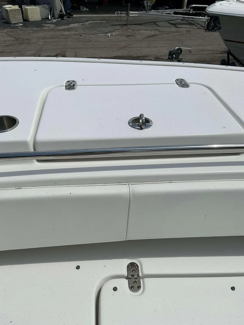Slide: The Image of 2017 Cape Horn 36 XS boat deck with storage hatch and railing. - 7