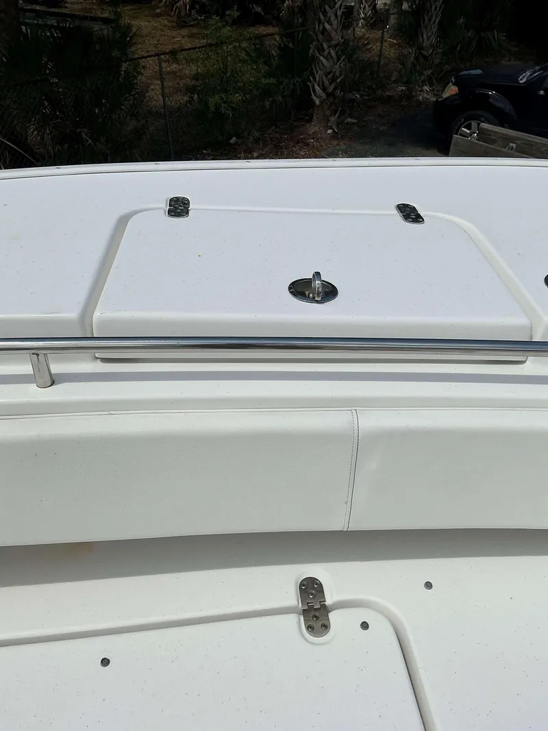 Slide: The Image of 2017 Cape Horn 36 XS boat deck with storage compartment and stainless steel railing. - 8