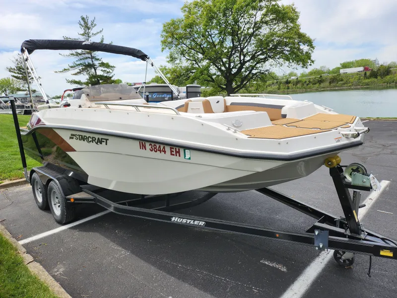 Slide: The Image of 2021 Starcraft SVX 191 OB boat on trailer by lakeside parking area. - 9