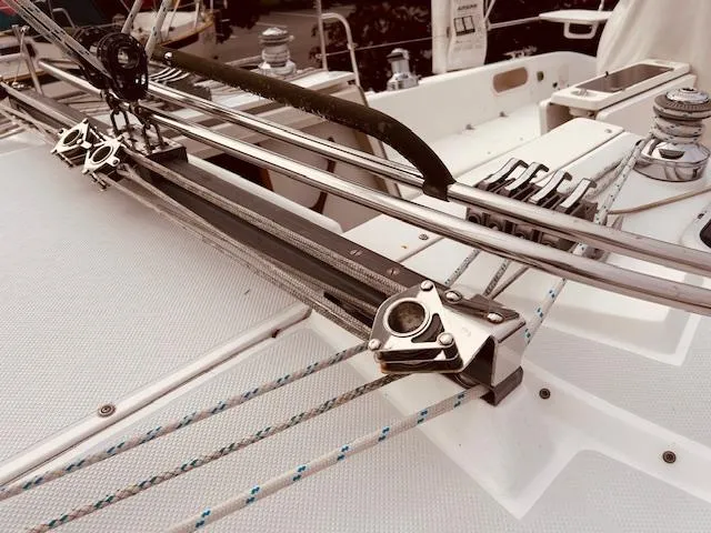 Slide: The Image of Deck view of a 2003 Catalina 36 MkII sailboat, showcasing rigging and winches. - 13