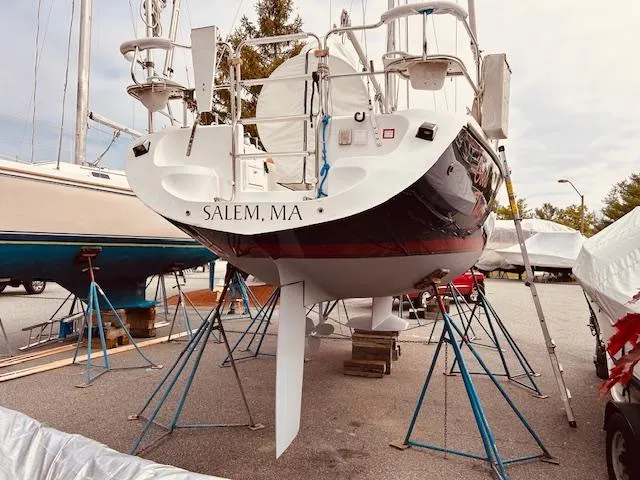Slide: The Image of 2003 Catalina 36 MkII sailboat on stands in Salem, MA boatyard. - 8