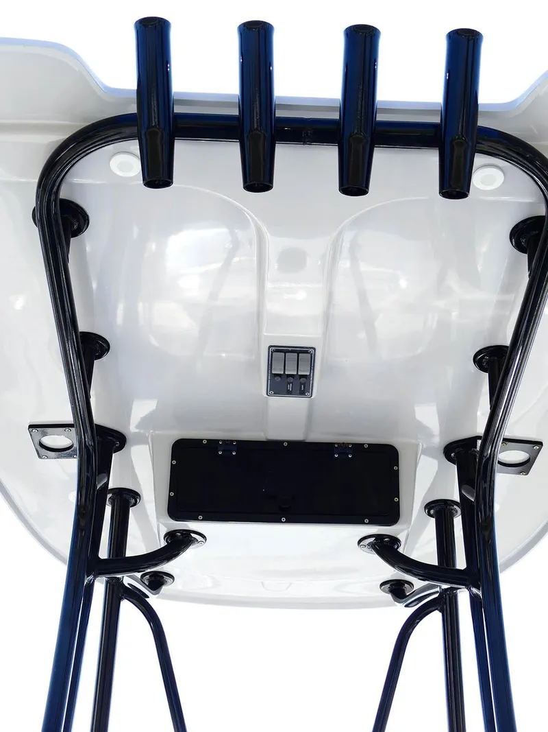 Slide: The Image of 2022 Contender 25 Bay boat T-top with rod holders, viewed from below. - 11