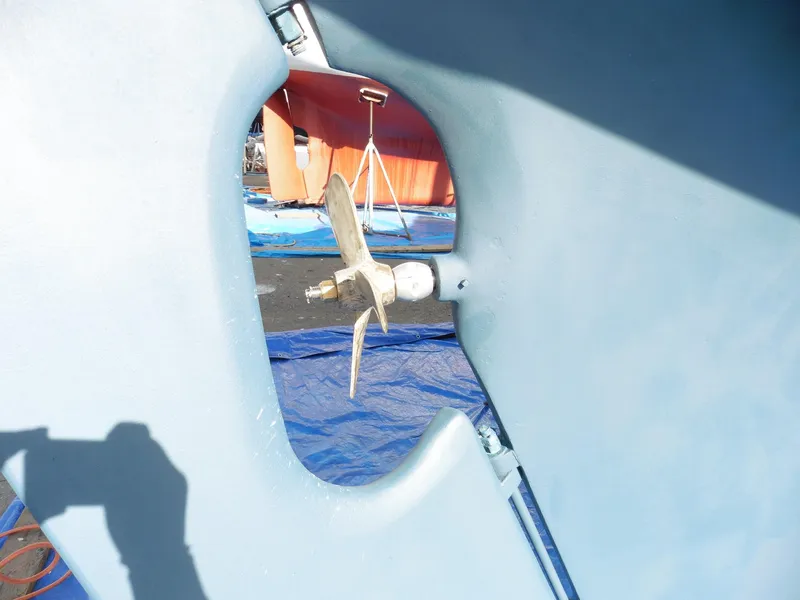 Slide: The Image of Propeller of 2011 Cape George Cutter sailboat, dry docked for maintenance. - 11
