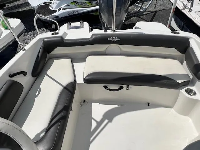 Slide: The Image of 2019 Stingray 182 SC boat interior with cushioned seating and cup holders. - 4