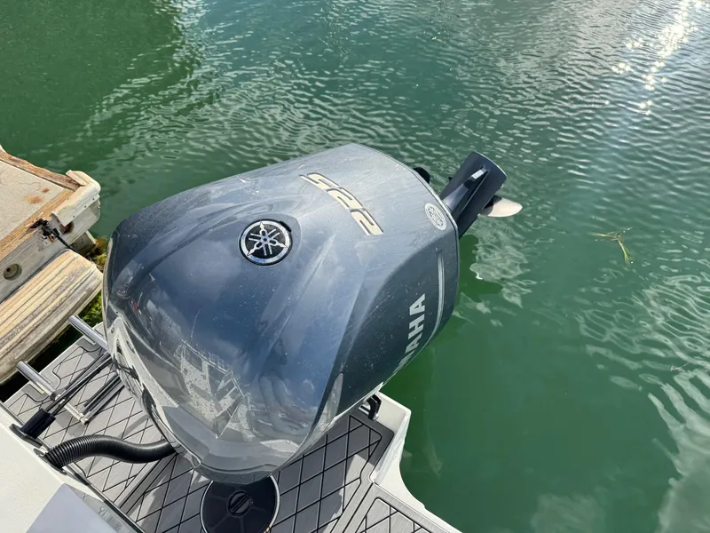 Slide: The Image of Outboard motor on 2024 Defiance San Juan 220 boat, docked on calm water. - 19