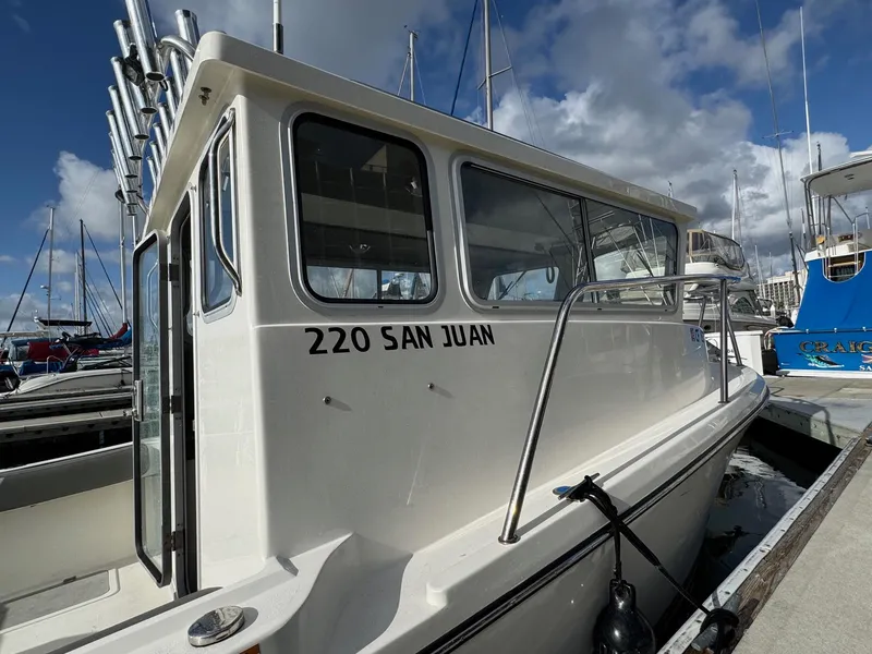 Slide: The Image of 2024 Defiance San Juan 220 boat docked at marina under cloudy sky. - 21