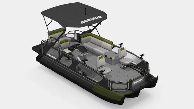 Slide: The Image of 2025 Sea-Doo Switch™ Fish 21 pontoon boat with canopy, designed for fishing and leisure. - 0