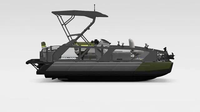 Slide: The Image of 2025 Sea-Doo Switch™ Fish 21 pontoon boat, 230 Hp, galvanized, side view. - 1